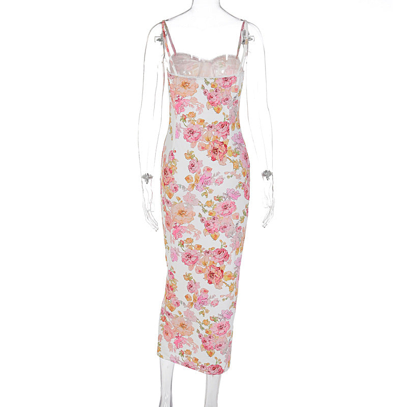 Women Clothing Summer Printing Slim Fit Backless Sling Dress