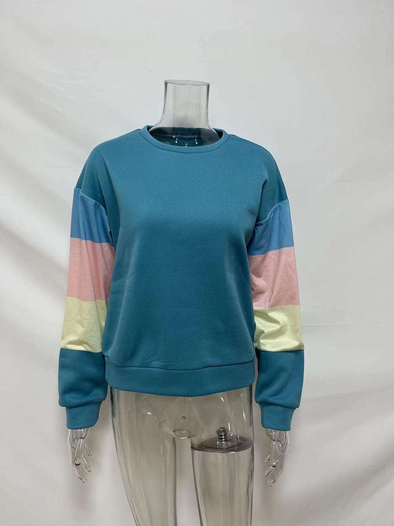 Pullover Sweatshirt Women Spring Autumn Round Neck Long Sleeve Contrast Color Long Sleeve T Shirt Women