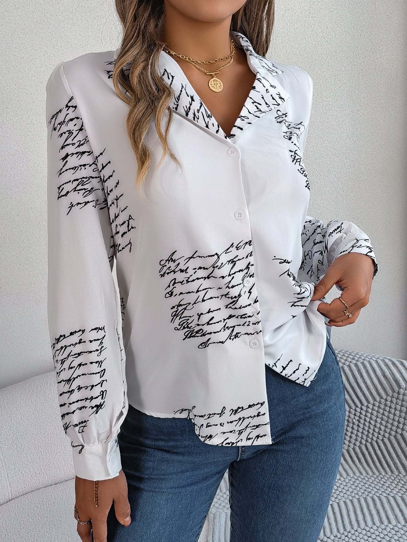 Autumn Winter Casual All Match Letters Suit Collar Long Sleeve Shirt Women Clothing