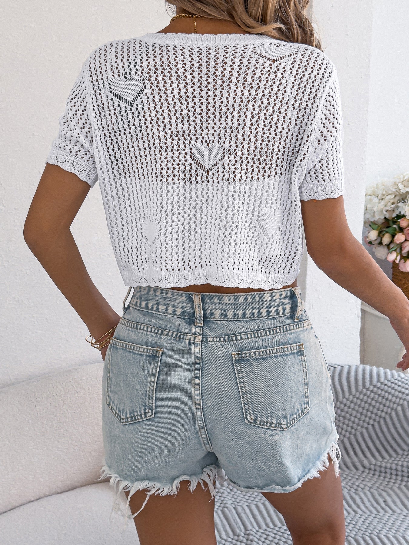 Spring Summer Solid Color Hollowed Heart Shape Lace up Short Sleeved Sweater Cropped Cardigan Women Clothing Valentine Day