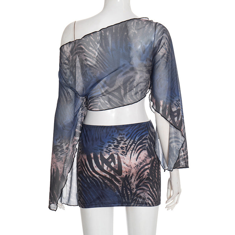 Women Clothing Blooming Tiger Stripe Pattern Mesh off Shoulder Long Sleeve Top Skirt Set
