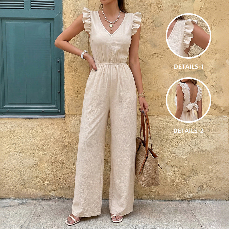 French Pastoral Flying Sleeves V neck Back Bow Jumpsuit