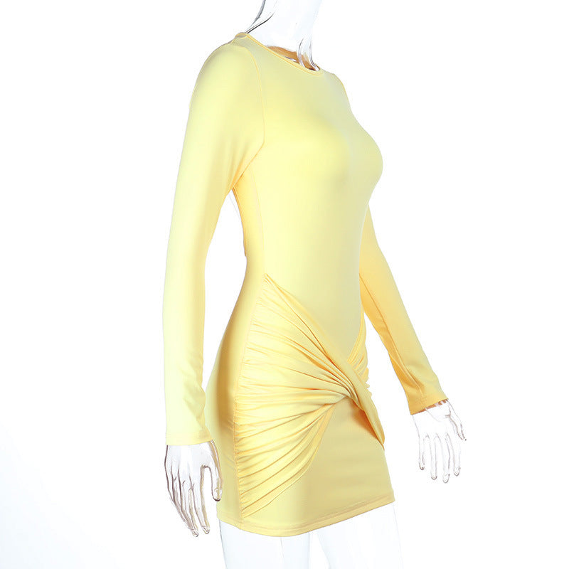 Backless Long Sleeves Twisted Hip Dress Women Autumn Sexy Solid Color Dress