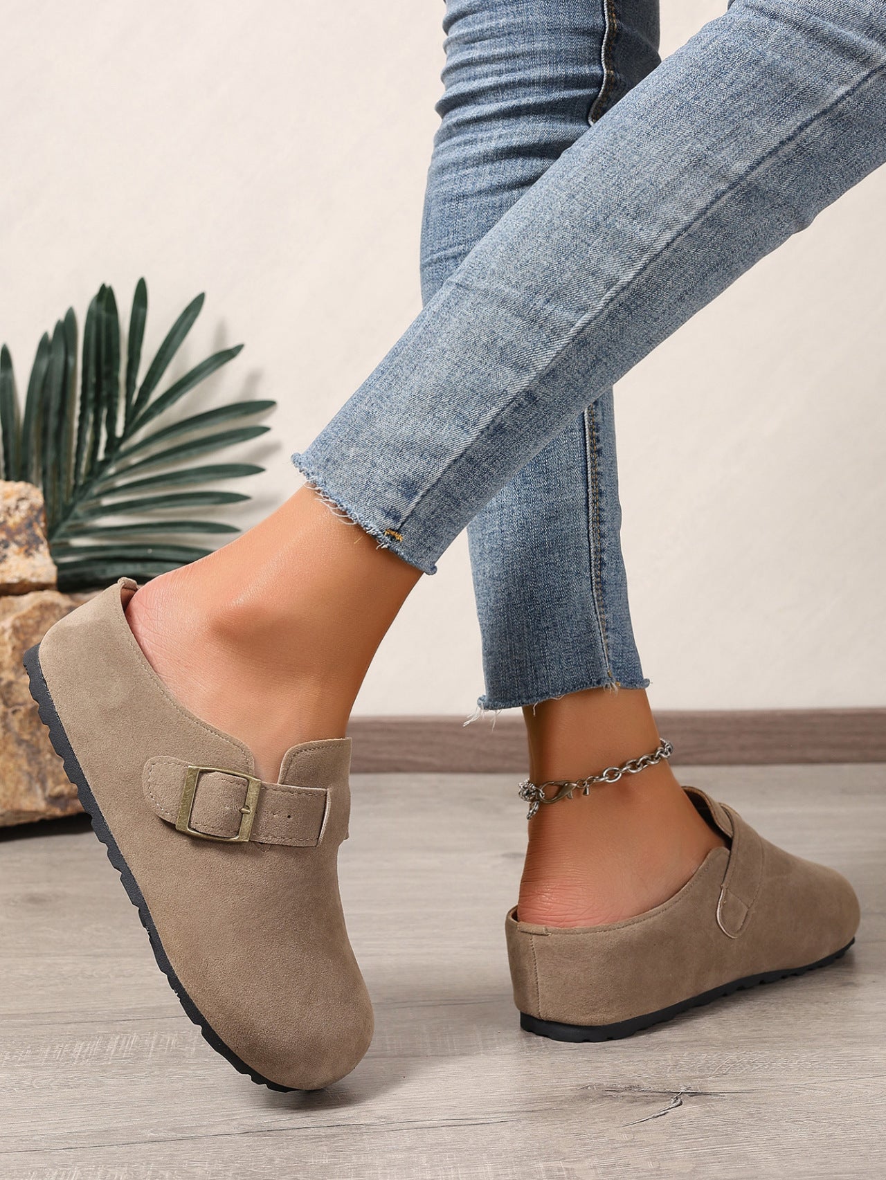 Belt Buckle Closed Toe Birkenstock Half Slippers Women Outer Wear French Slip on Thick Bottom Back Open Shoes