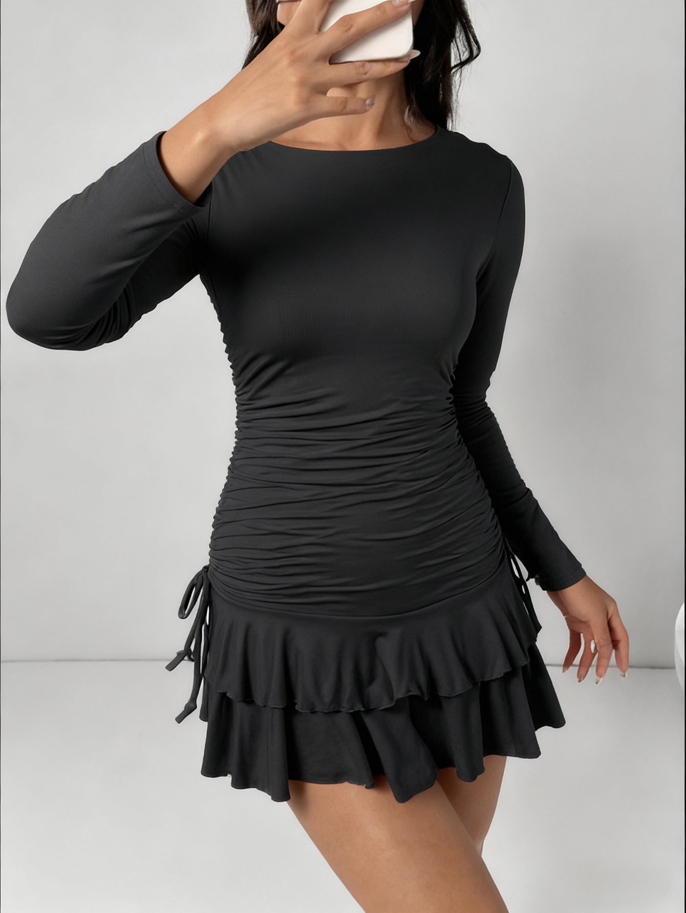 Sexy Slim Long Sleeve Tiered Dress Drawstring Graceful Fashionable Women Short Dress