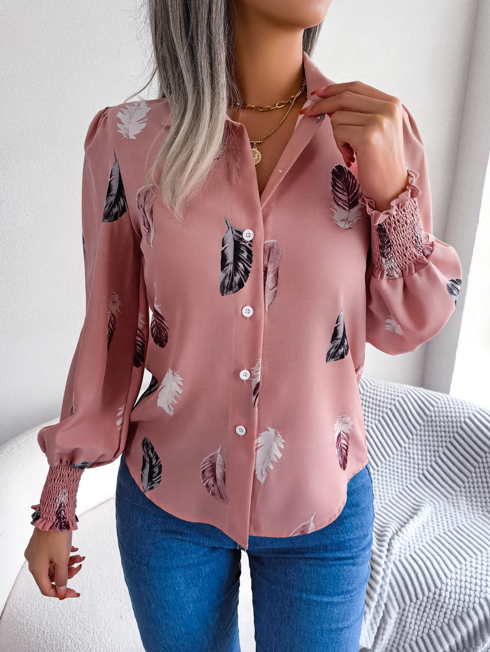 Spring Summer Elegant Feather Lantern Sleeve Collared Shirt Women Clothing