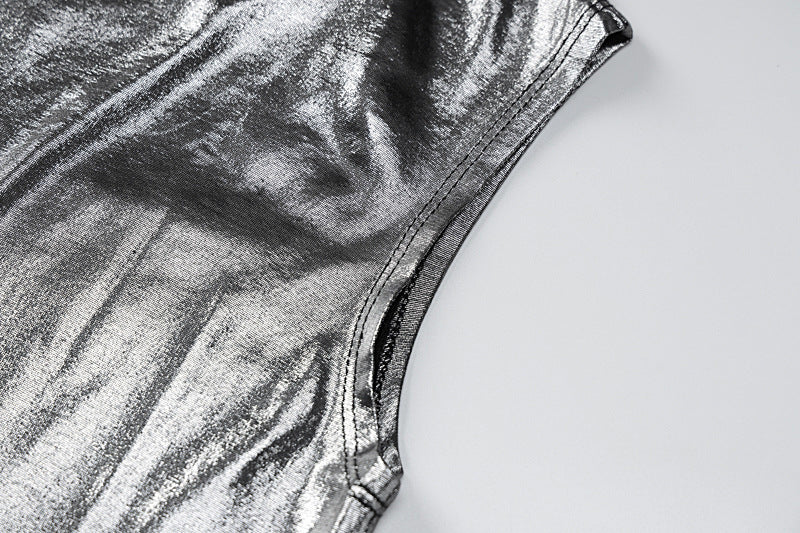 Metallic Coated Fabric Women Clothing Autumn Sexy Slim Solid Color Shoulder Sleeveless Sheath Dress