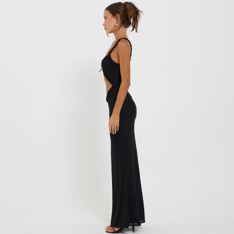 Summer Suspender Wooden Ear Collarless Cropped Sexy Slim Fit Jumpsuit Maxi Dress Women