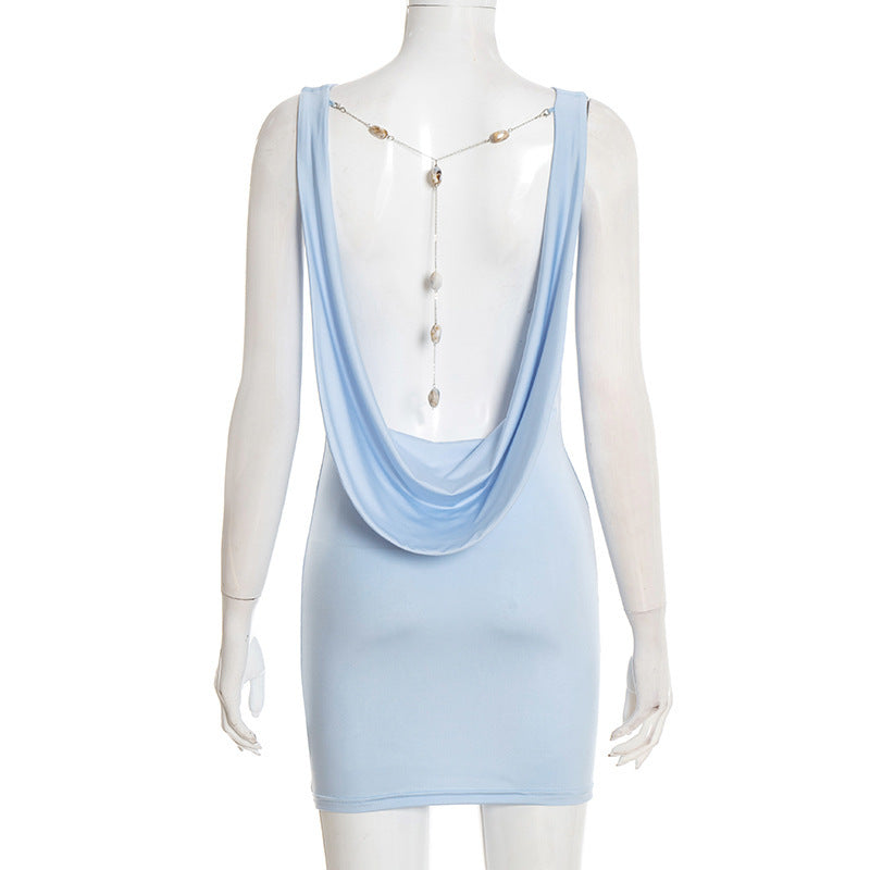 Women Clothing Summer Solid Color Casual Slim Fit Iron Chain Bare Back Swing Collar Sleeveless Dress