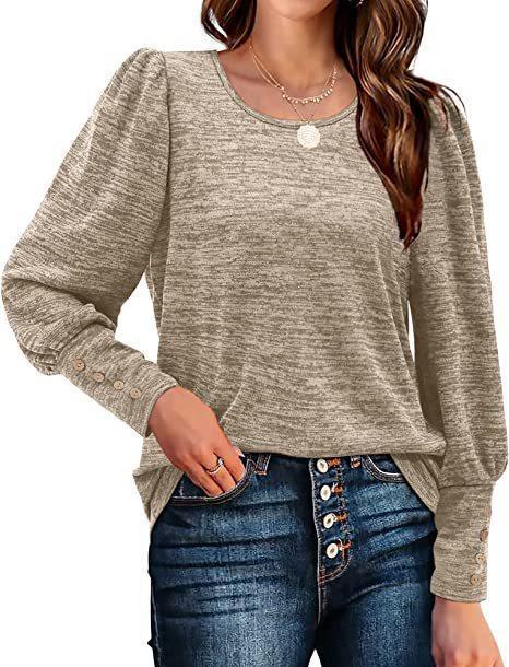 Women Autumn Winter Loose Casual Puff Sleeve Round Neck Long Sleeve T shirt
