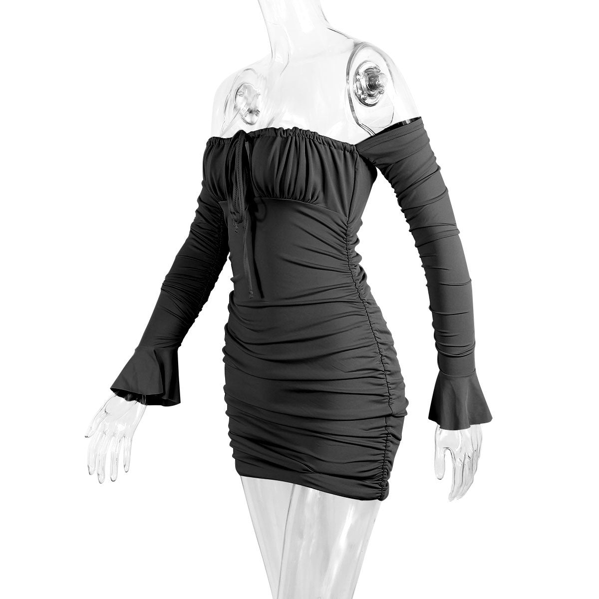 Women Clothing Spring Autumn Sexy Chest Wrapped Dress Chest Lace up Pleated Bell Sleeve Hip