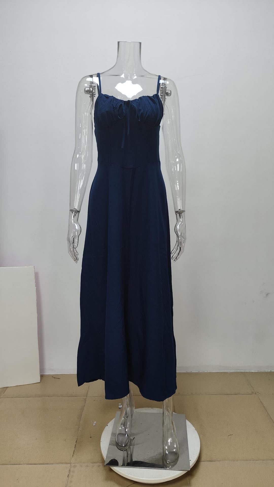 Spring Women Clothing Elegant Lace up A line Solid Color Sling Dress