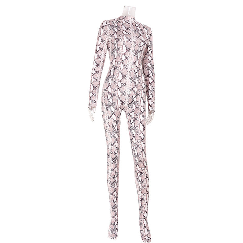Snake Pattern Mesh Floral Print Long Sleeved Jumpsuit Women Slim Fit Sexy See through Nightclub Dance Sexy Long Sleeved Trousers