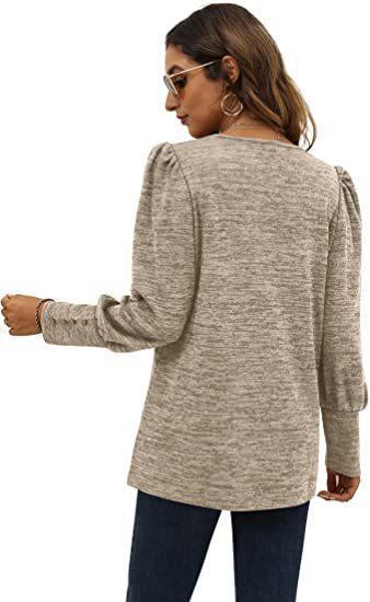 Women Autumn Winter Loose Casual Puff Sleeve Round Neck Long Sleeve T shirt