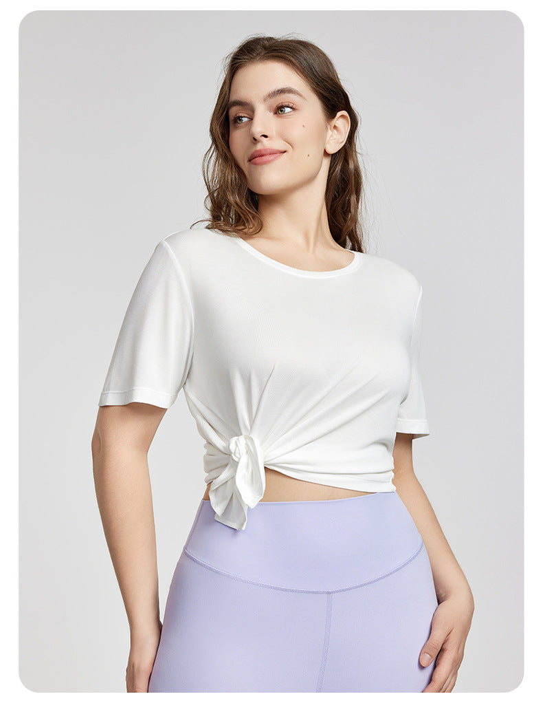 Plus Size Yoga Clothes Blouse Women Summer Loose Breathable Thigh Length Casual T shirt Side Slit Exercise Short Sleeve