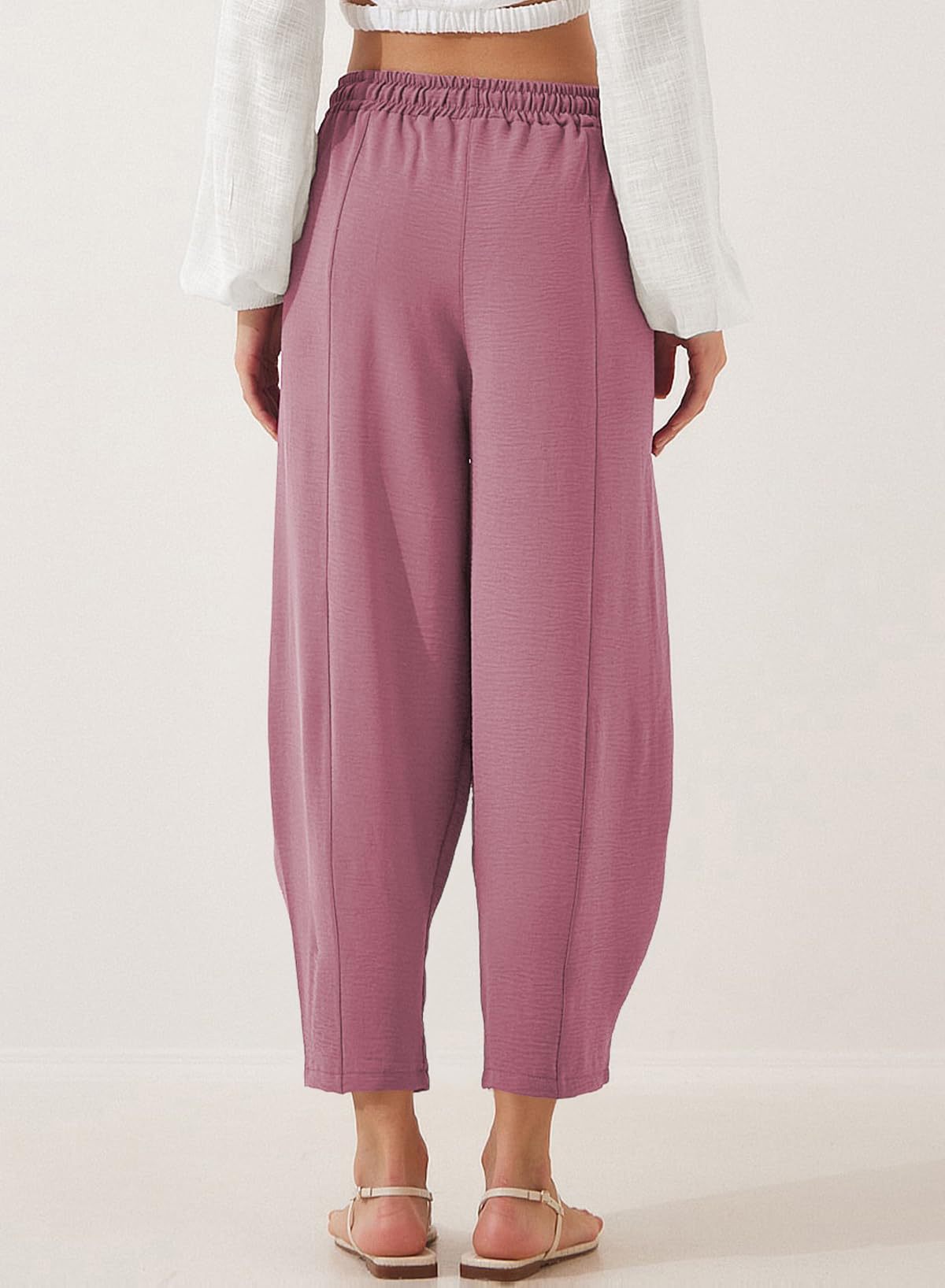 Women Clothing Spring Summer High Waist Loose Vacation Casual Drawstring Pocket Cropped Pants