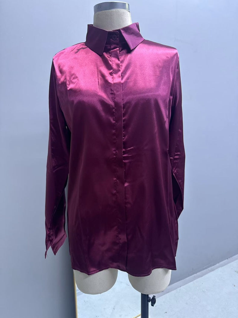 One Button Satin Shirt Office Long Sleeve Shirt Spring Summer Loose Top Women Clothing