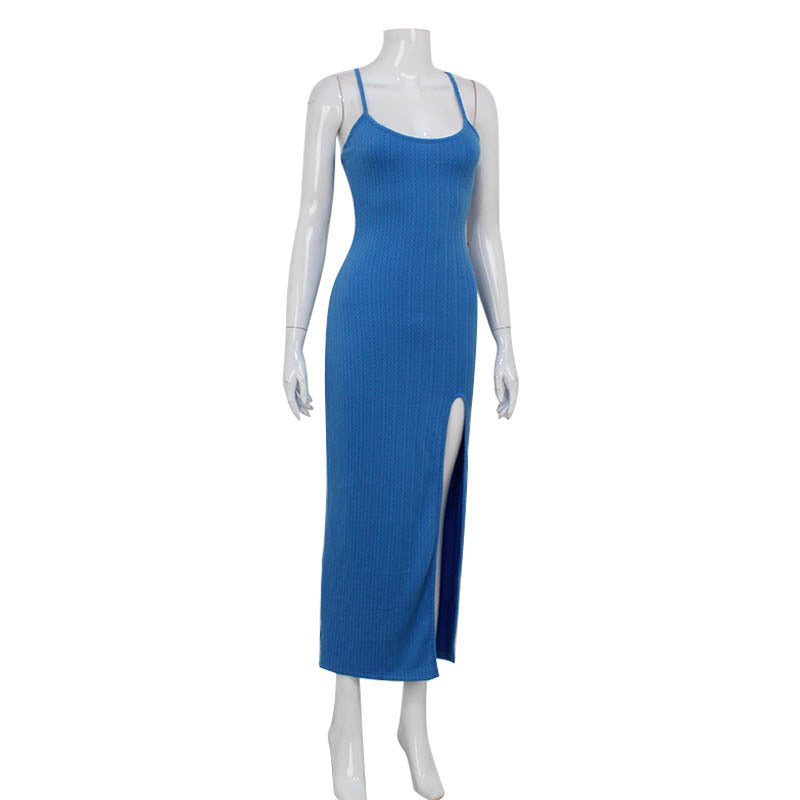 Women Sexy V Neck Knitted Suspenders Dress High Slit Lightly Mature Slim Fit Figure Flattering Maxi Dress