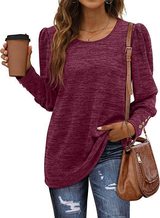 Women Autumn Winter Loose Casual Puff Sleeve Round Neck Long Sleeve T shirt