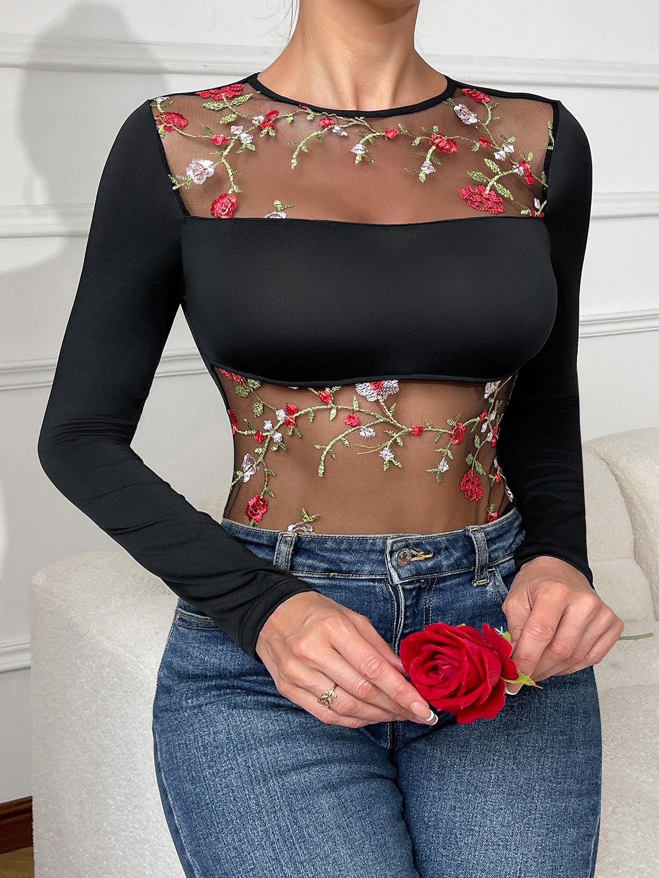 Sexy Mesh Transparent Embroidered Floral One Piece Long Sleeve Top All Match Jumpsuit