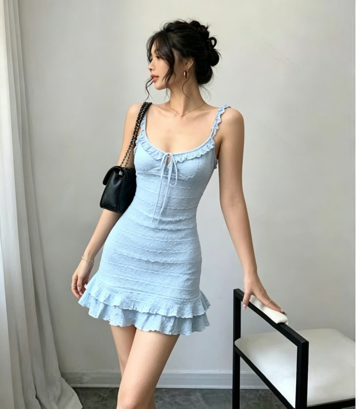Sexy Blue Strap Dress Women Summer Slim Fit Waist Trimming Ruffles Dress Sexy Tight Sheath Short Dress