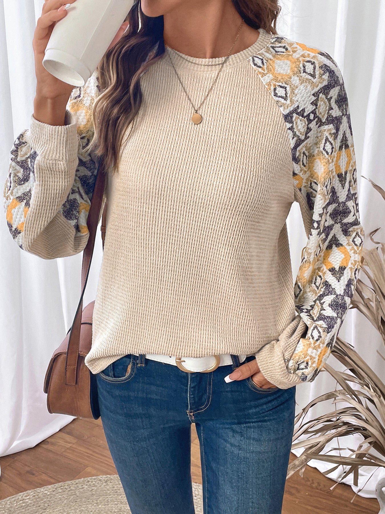 Women Clothing Russia Fall Winter Bottoming Top Stitching Long Sleeve round Neck Ethnic T shirt