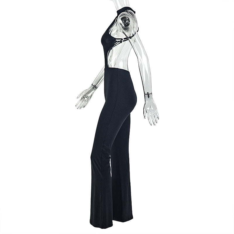 Women Clothing Design Hollow Out Cutout out Slim Fit Halter Jumpsuit Solid Color Backless Sexy Sheath Long Jumpsuit