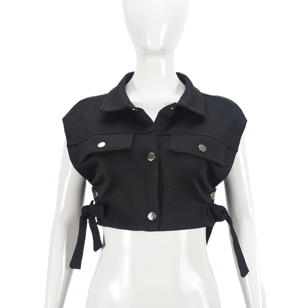 Women Clothing Snap Lace up Trendy Hollow Out Cutout out Overalls Vest Top
