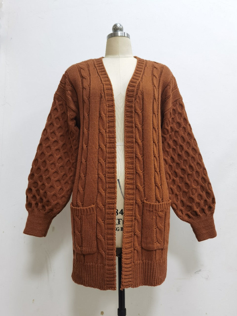 Popular Lantern Sleeve Autumn Winter Women Sweater Women South Solid Color Mid Length Knitted Cardigan