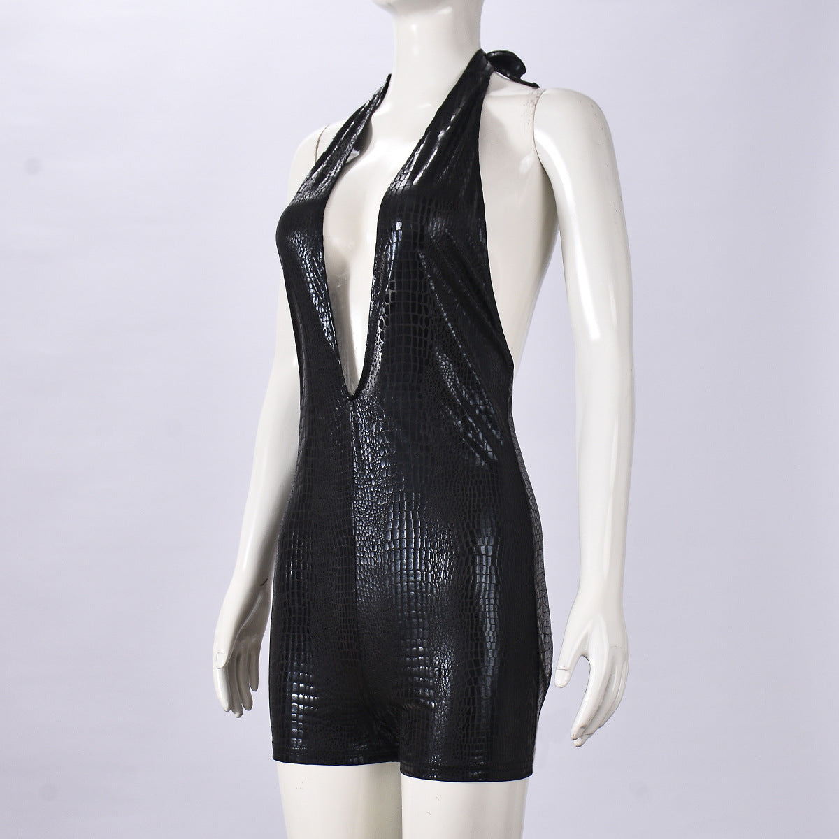 Sexy Faux Leather Coating Halter Backless Sexy Cutout Tight Jumpsuit Women
