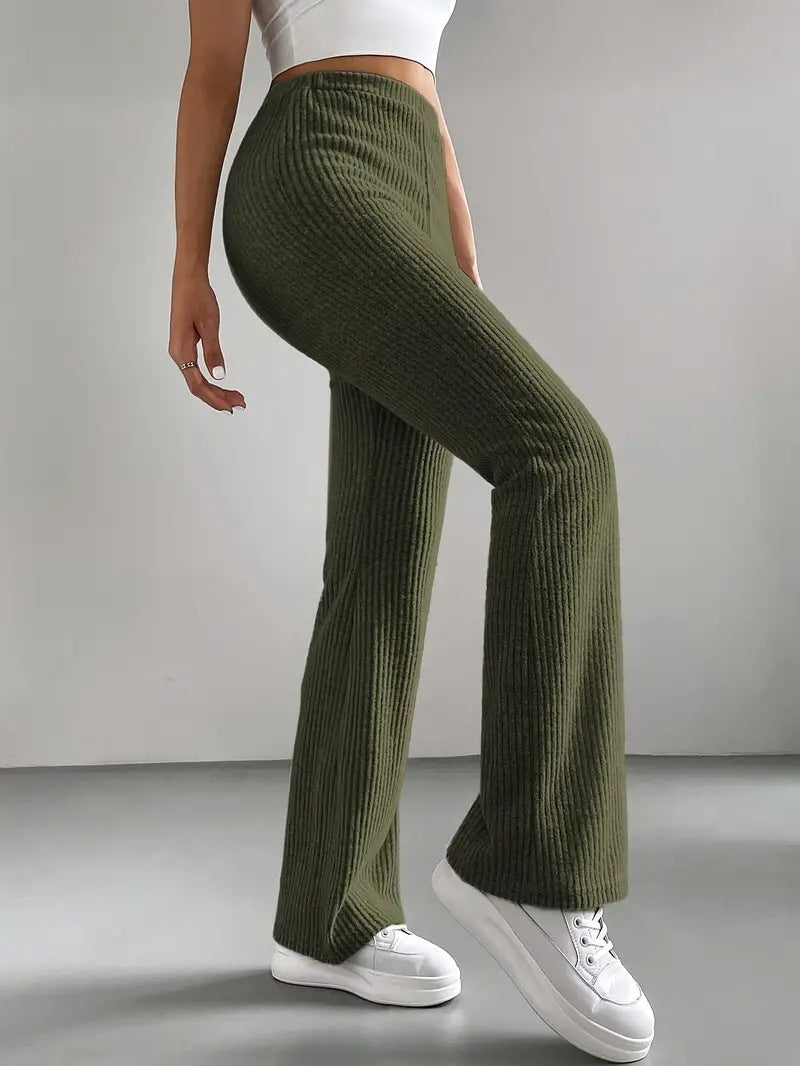 Bell Bottom Pants Women Autumn Solid Color Casual Pants Rib Knitted Fashionable All Match Slim Fit Women Pants