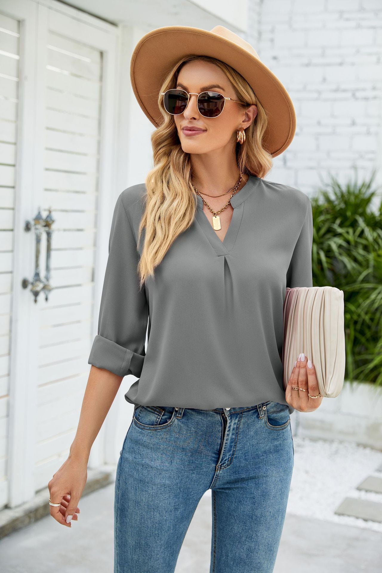 Women Clothing Autumn Winter Solid Color Chiffon Shirt Loose V neck Pullover Long Sleeve Top Shirt