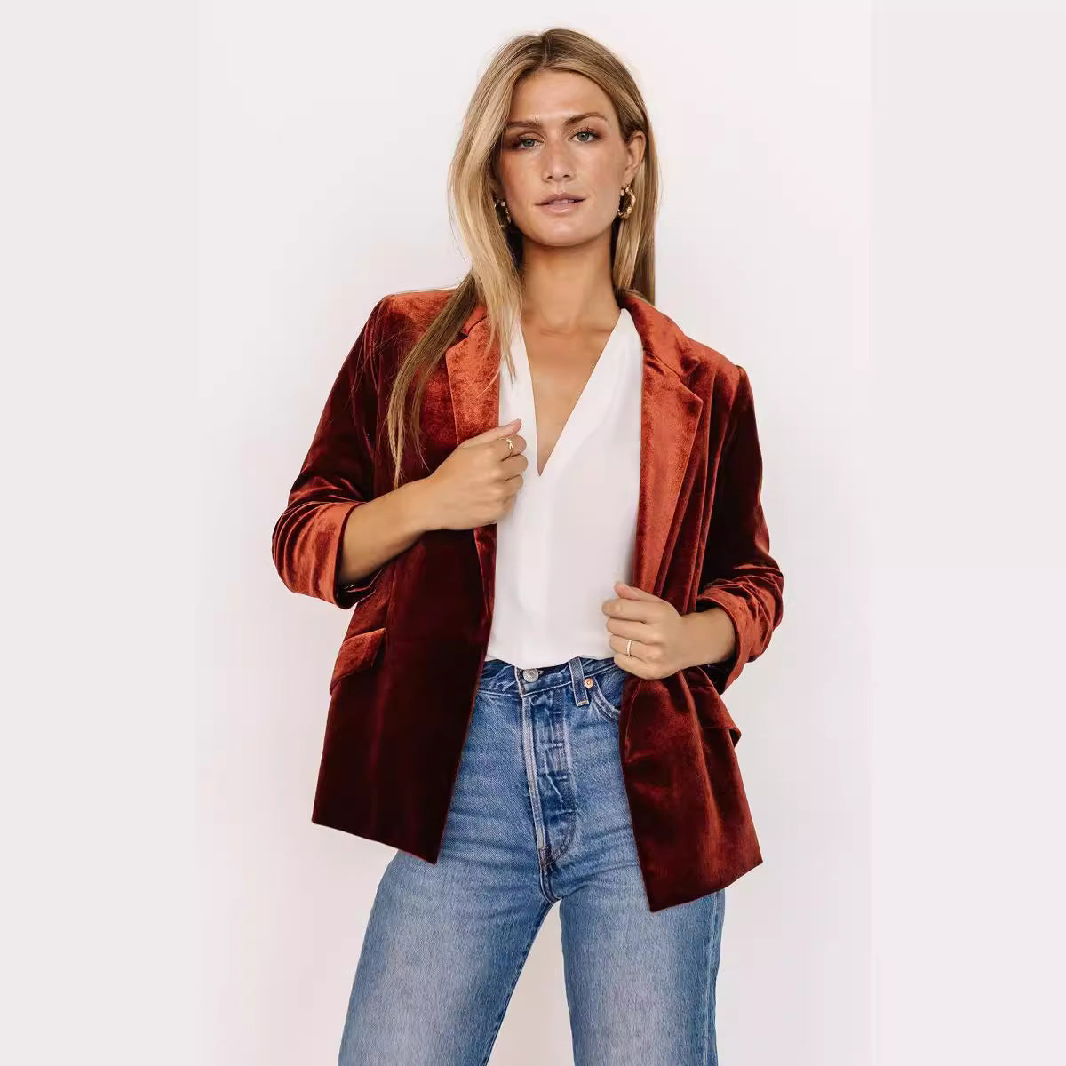 Coat Women Spring Autumn Gold Velvet Diagonal Pocket Collared Long Sleeve Small Blazers