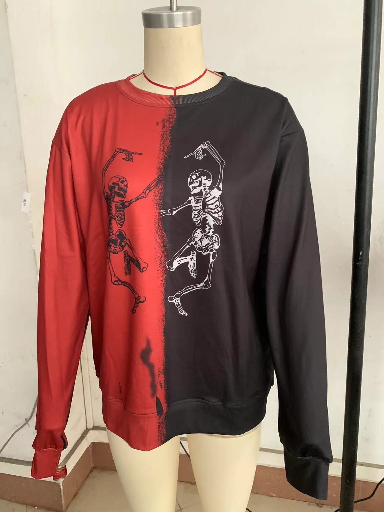 Fall Women Tops Skull Printing Color Contrast Personality Street Loose Sweater Women