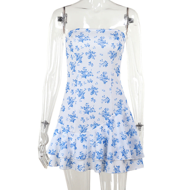 Autumn Hip Fashionable Elegant Slim-Fit Printed Tube Top A line Dress