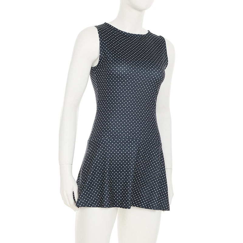Women Polka Dot Dress Summer Sleeveless Casual Retro Sexy Mini Sleeveless Cinched Short Dress