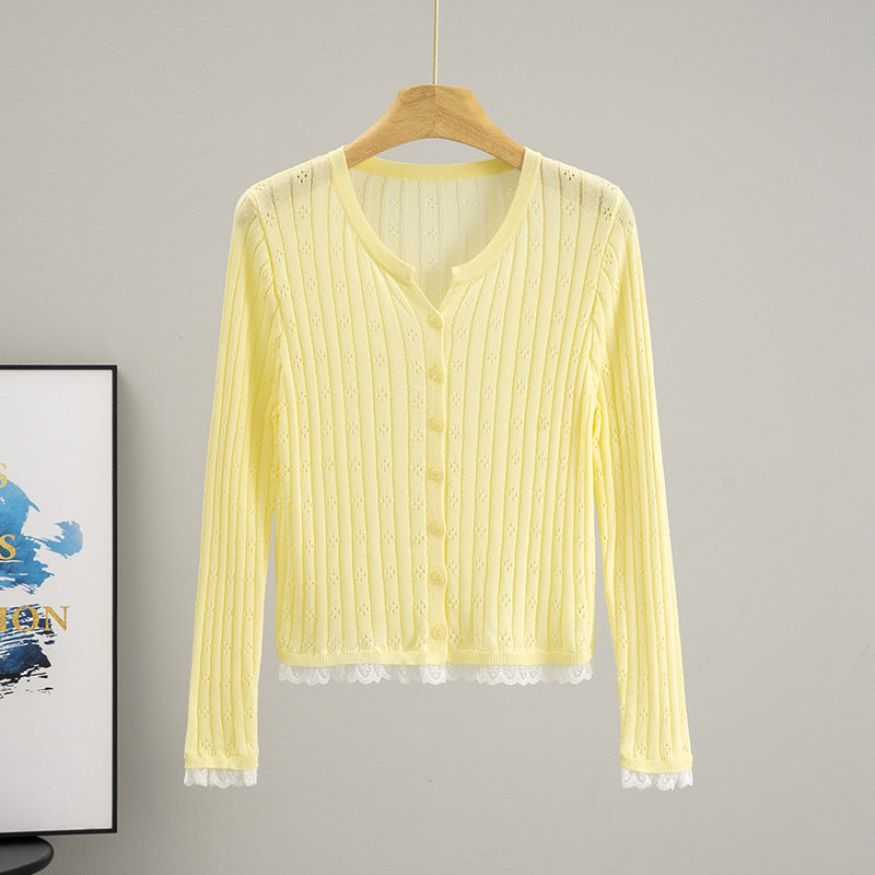 Hollow Out Cutout out Crocheted Lace Knitted Cardigan Women Summer Thin Slub Linen Sun Protection Shirt Top