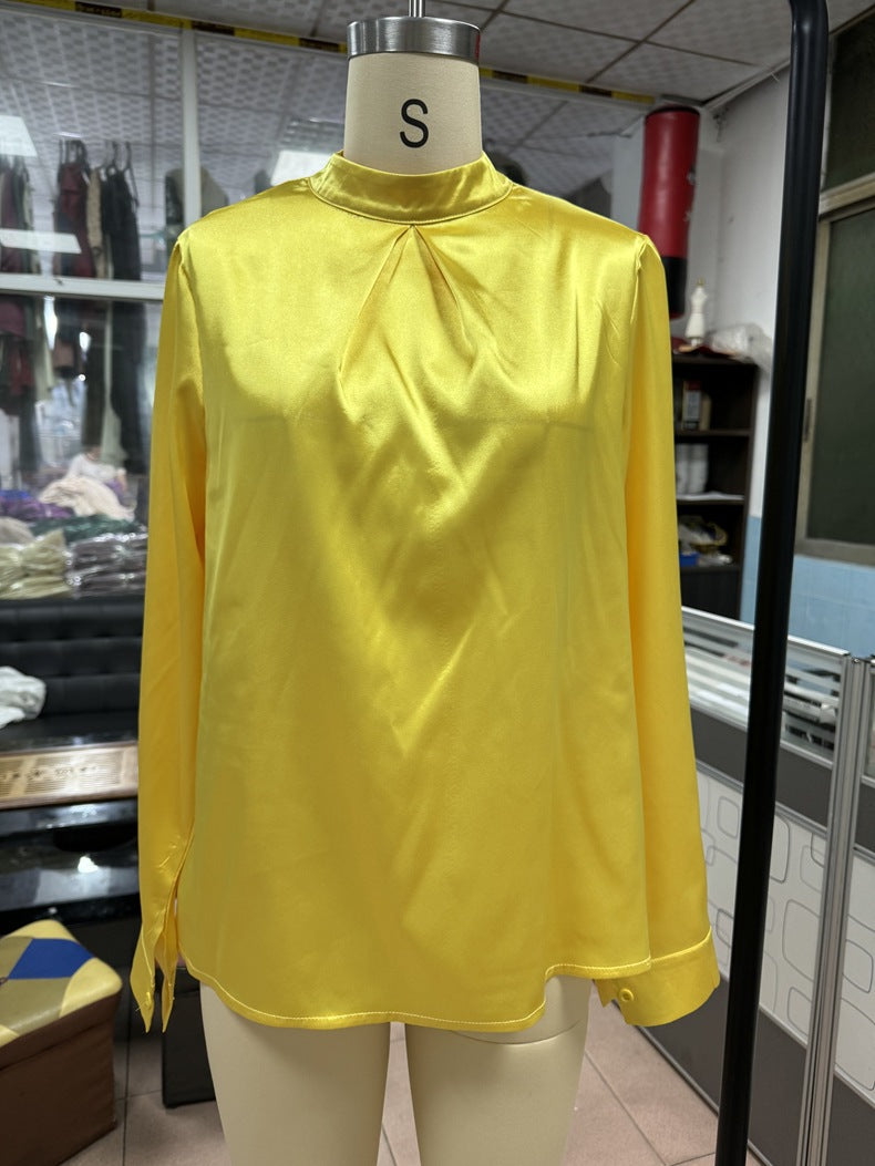 Women Clothing Spring Summer Long Sleeve Satin Top Shirt