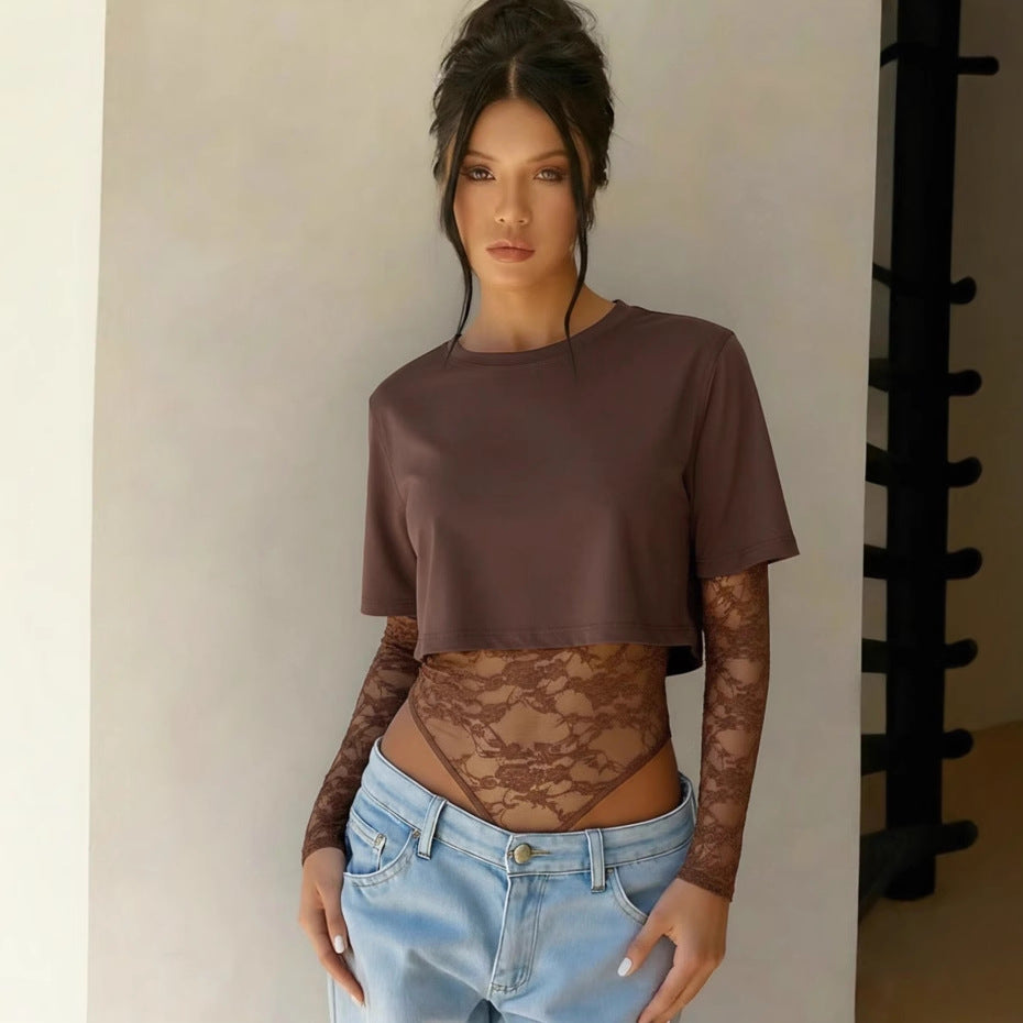 One Piece Solid Color Cropped Outfit Slim Lace Stitching Short Sleeve Top