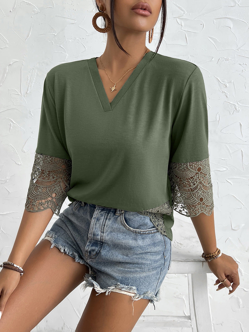 Women Clothing Cutout Lace Stitching Half Sleeve Sexy V neck T shirt Women