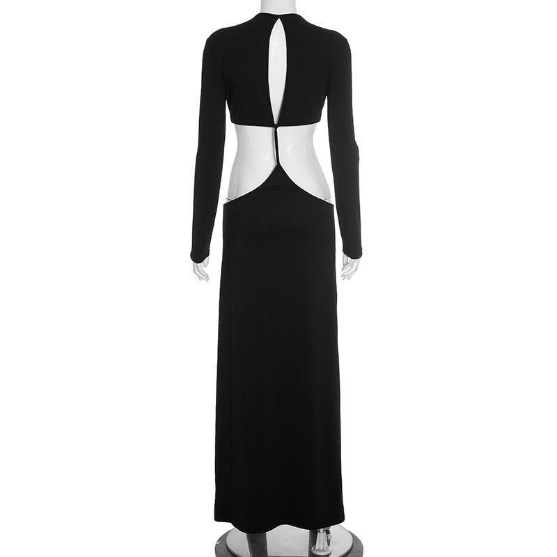 Women Clothing Autumn Solid Color Casual Slim Fit Long Sleeve Cropped Outfit Stitching Hollow Out Cutout out Maxi Dress