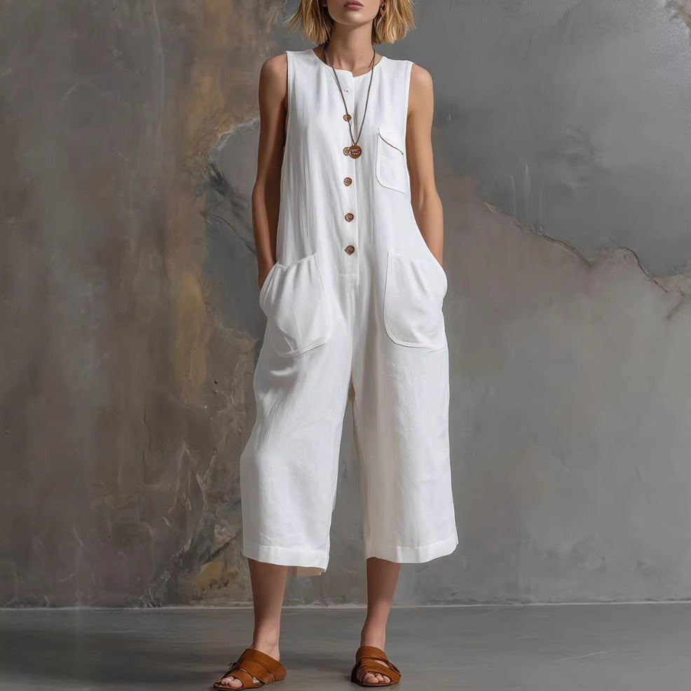 Spring Summer Casual Retro Sleeveless White Cotton Linen Wide Leg Cropped One Piece