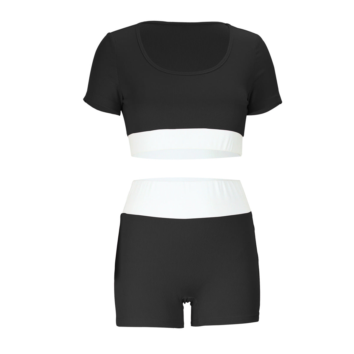 Summer Women Clothing Contrast Color U Neck Short Sleeved Shorts Two Piece Set Sexy Cropped Yoga Suit