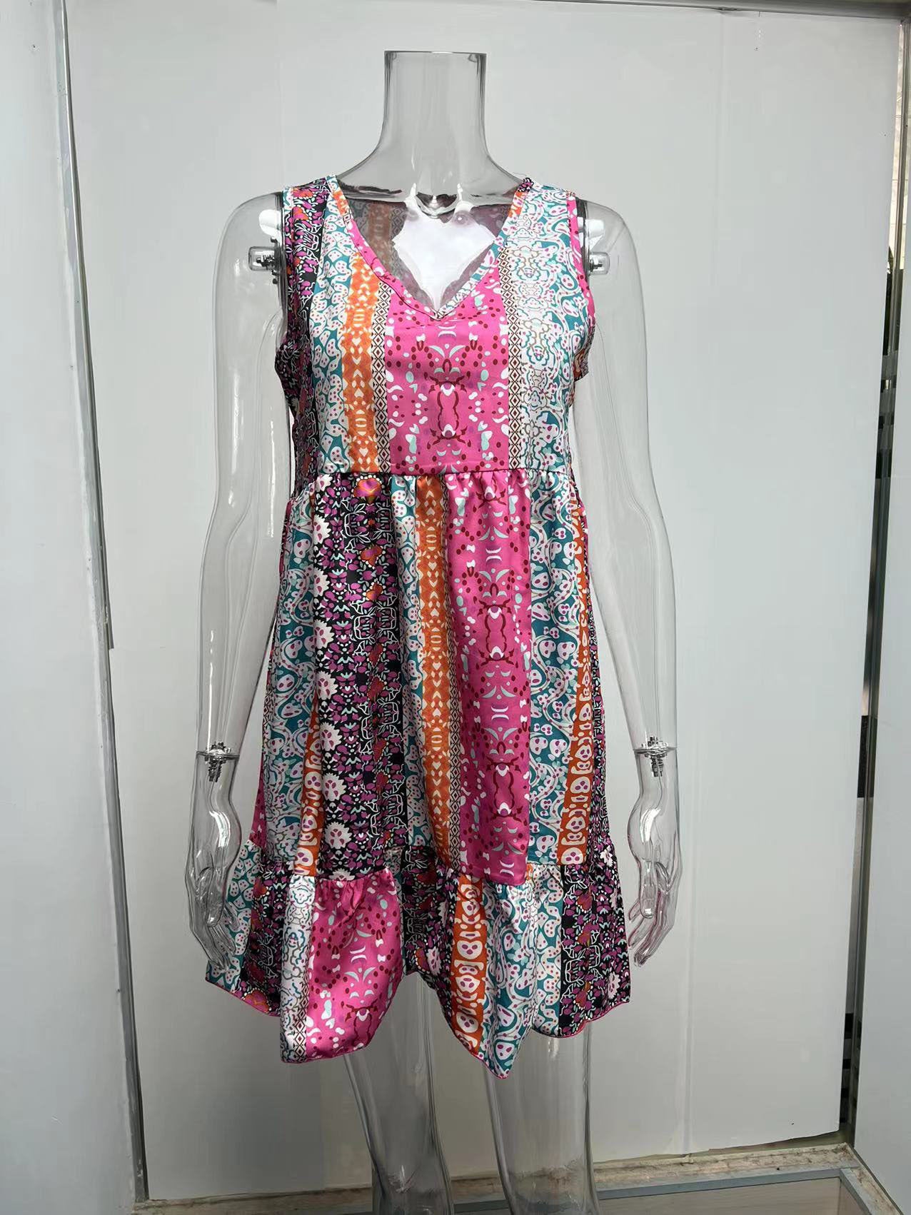 Summer Floral Patchwork Ruffled V Neck Sleeveless Mini Dress