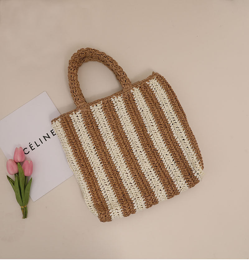 Vertical Stripes French Straw Bag Portable Contrast Color Straw Bag Woven Bag Women's Bag Seaside Vacation Beach Bag