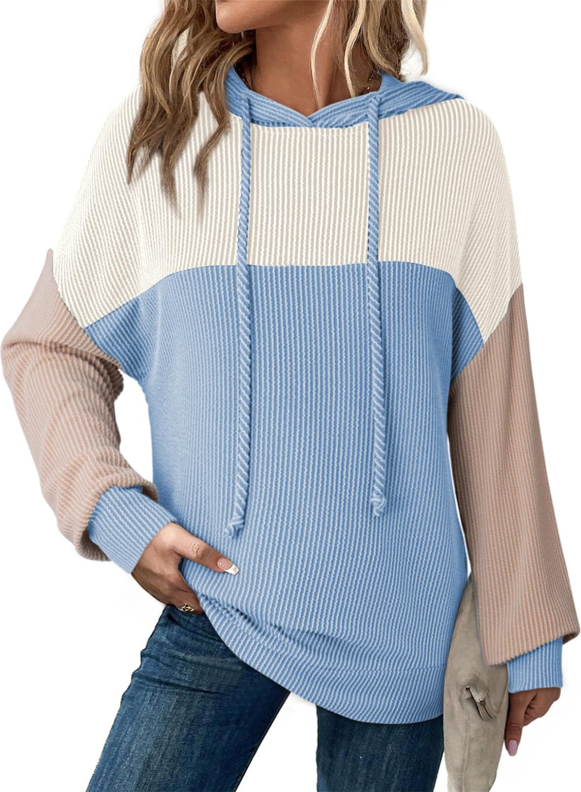 Autumn Winter Twist Strip Color Matching Long Sleeve Hoodie Loose Sweater