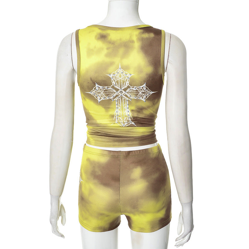 Women Clothing Spring Summer Vest round Neck Blooming Printing Stick on Crystals Sleeveless Elastic Waist Two Piece Sets