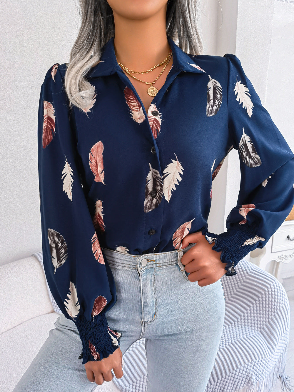 Spring Summer Elegant Feather Lantern Sleeve Collared Shirt Women Clothing
