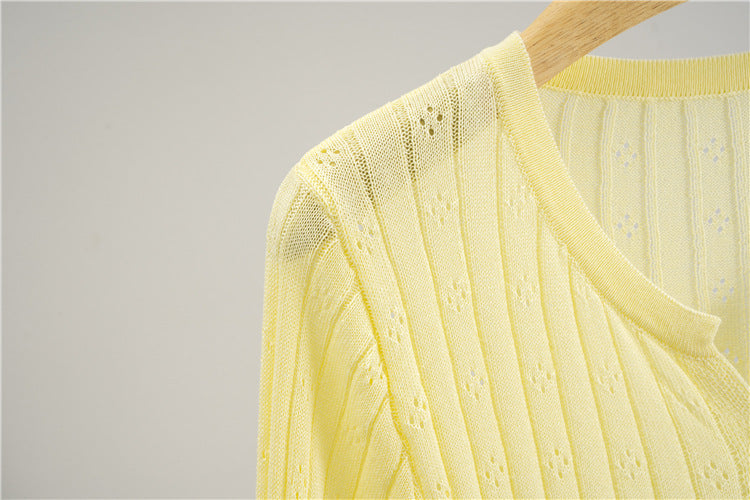 Hollow Out Cutout out Crocheted Lace Knitted Cardigan Women Summer Thin Slub Linen Sun Protection Shirt Top