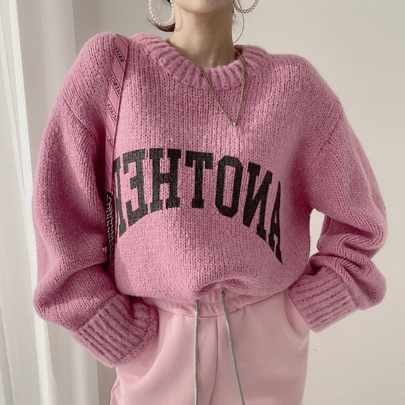 Korean Chic Western Candy Sweater Women Autumn Winter Loose Lazy Thick Round Neck Letter Graphic Sweater